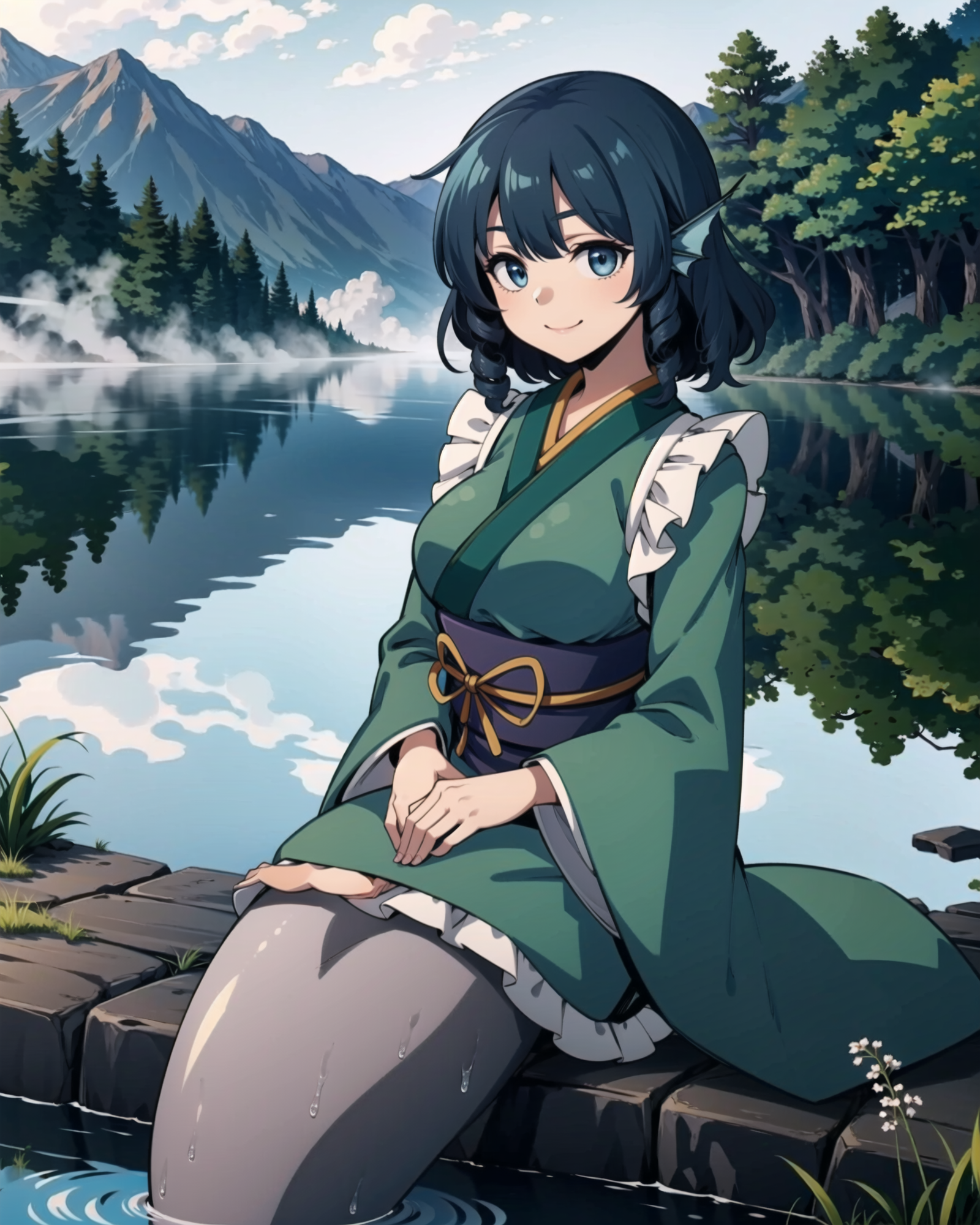 01351-854153868-_lora_Wakasagihime_1_, wakasagihime, 1girl, mermaid, monster girl, blue hair, short hair, blue eyes, head fins, japanese clothes.png